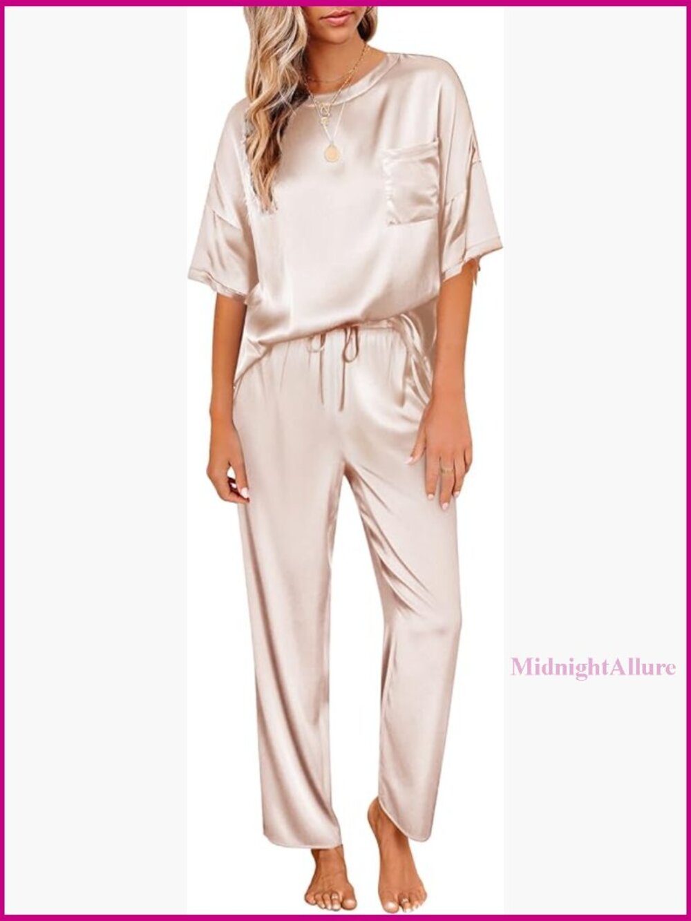 Large Satin Pajama Set Soft Loungewear Short Sleeve Top Long Pants